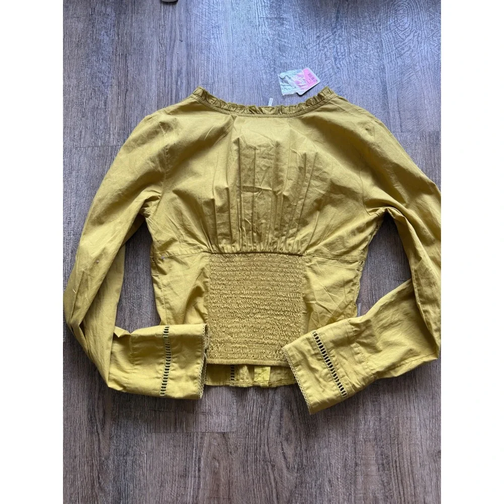 Free‎ People Lemon Party Smocked Waist Blouse Gold Cotton Lace Top Large